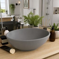 Oval Bathroom Basin Ceramic Matt Grey Wash Bowl Countertop Sink 40x33cm