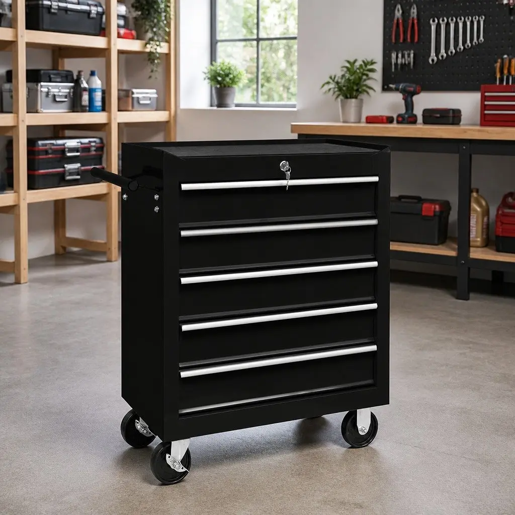 Workshop Tool Trolley 5 Drawers Storage Organiser Swivel Castors Side Handle