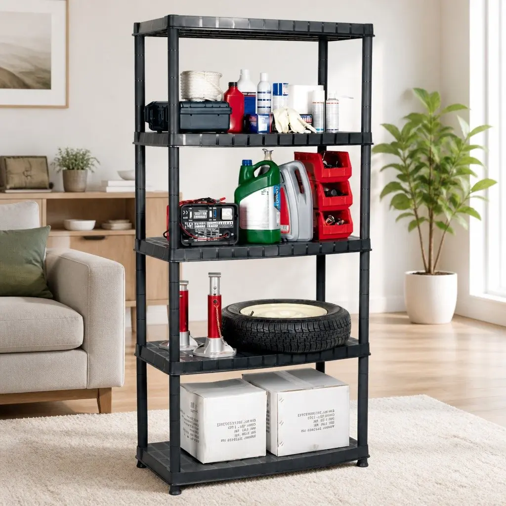 5-Tier Storage Shelf Black Plastic Bookshelf Display Stand Organizer Rack