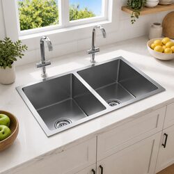 Handmade Kitchen Sink Stainless Steel Two Bowl Satin Silver Undermount Drop In