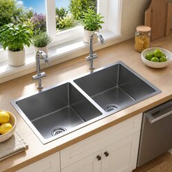 Handmade Kitchen Sink Double Bowl Stainless Steel Silver Satin Undermount Drop