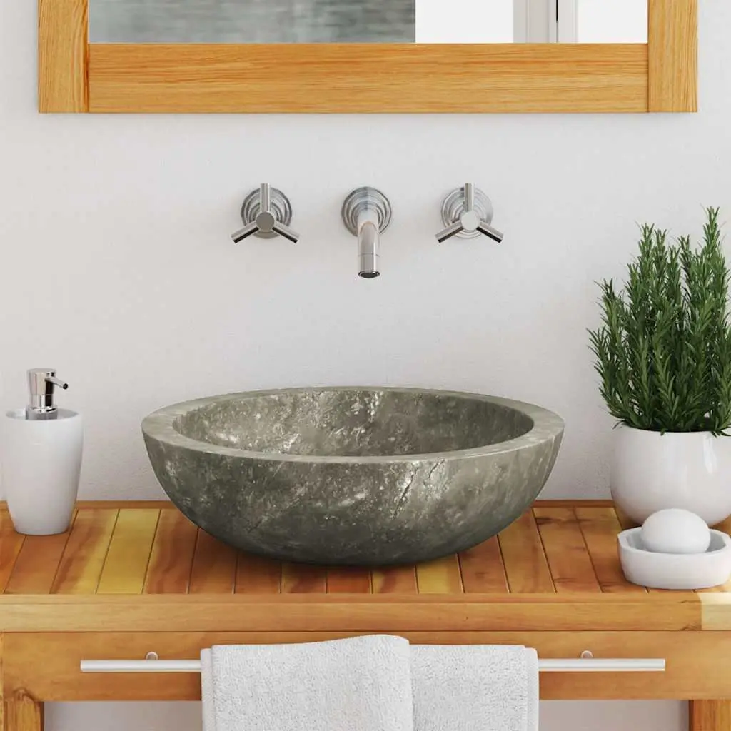 Round Grey Marble Bathroom Sink Handmade Natural Stone 40cm Diameter