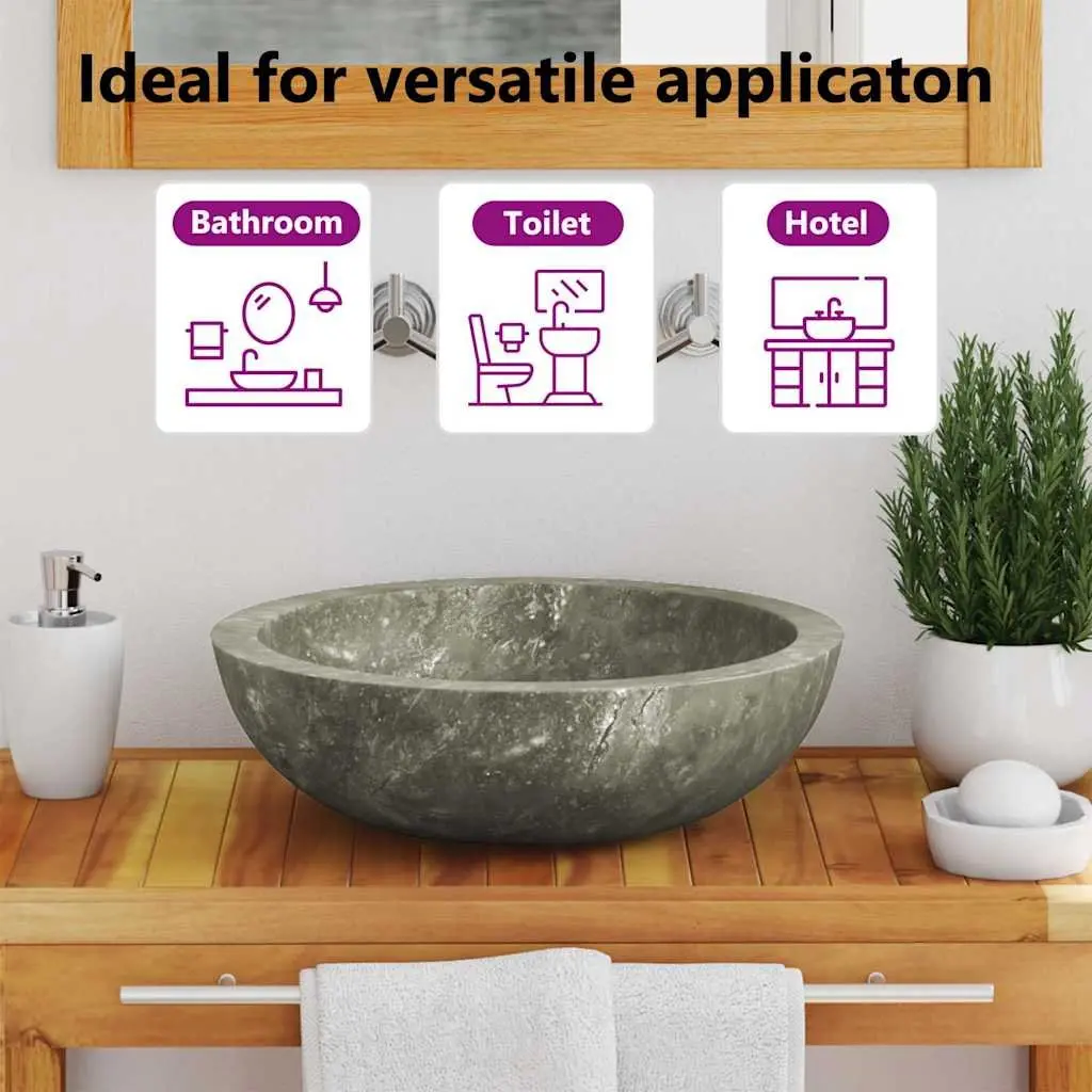 Round Grey Marble Bathroom Sink Handmade Natural Stone 40cm Diameter
