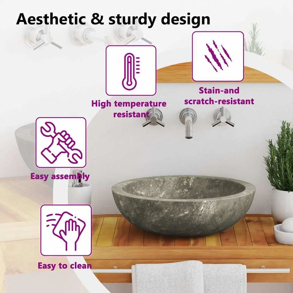 Round Grey Marble Bathroom Sink Handmade Natural Stone 40cm Diameter