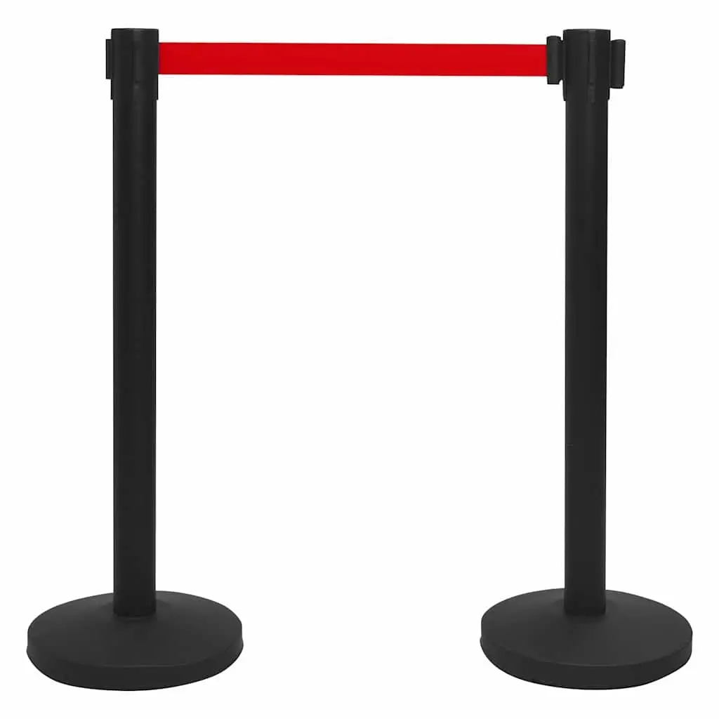 Stanchion Barrier 4 pcs Retractable Belt Crowd Control Safety Posts Black Iron
