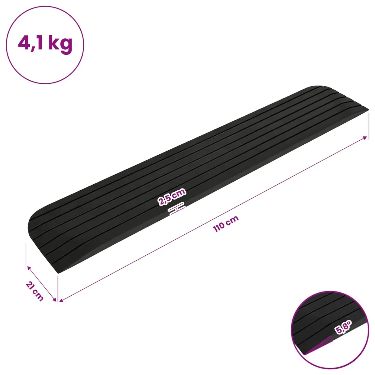 Rubber Threshold Ramps Set for Wheelchairs Rollators Scooters Non-Slip Surface 110 x 21 x 2.5 cm