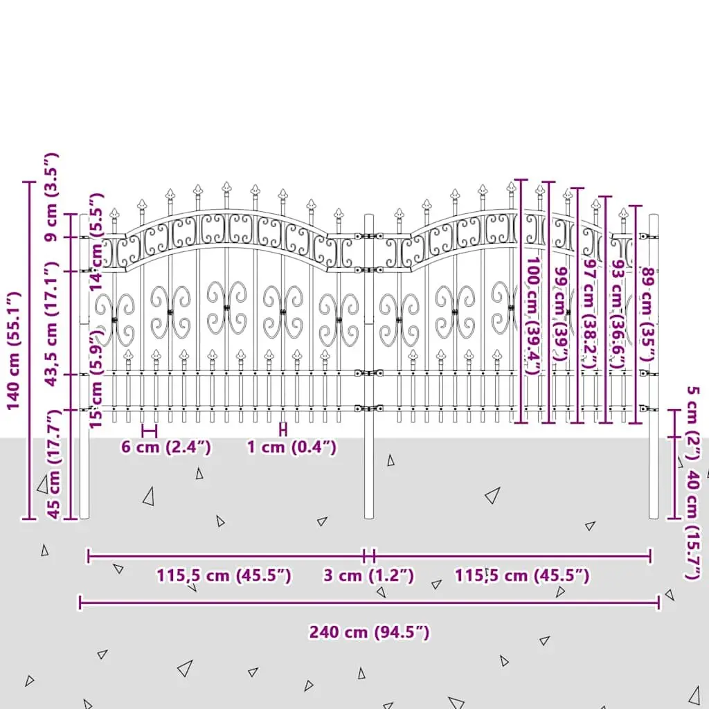 Garden Fence Panel Outdoor Perimeter Barrier Black Steel 240 x 100 cm