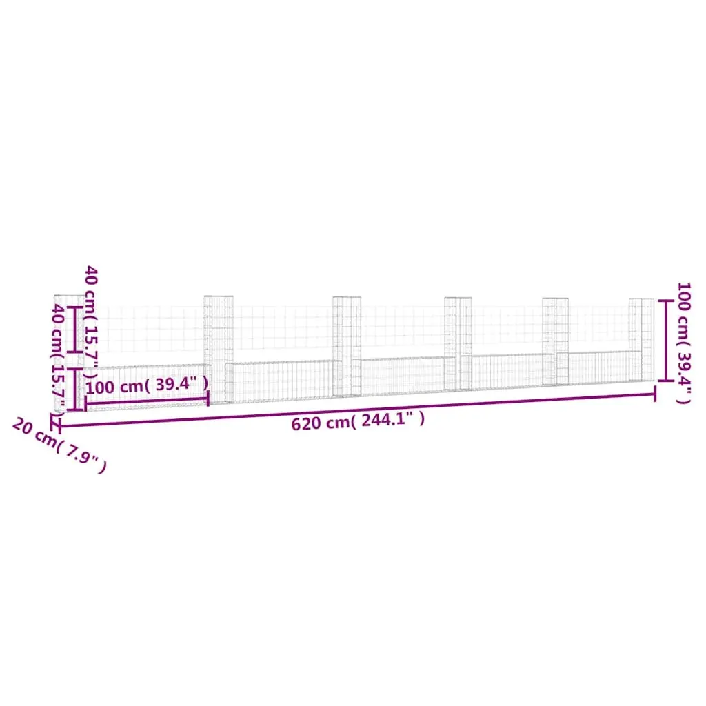 U-Shape Gabion Basket Garden Fence Panel 620 x 20 x 100 cm with 6 Posts Iron Retaining Wall