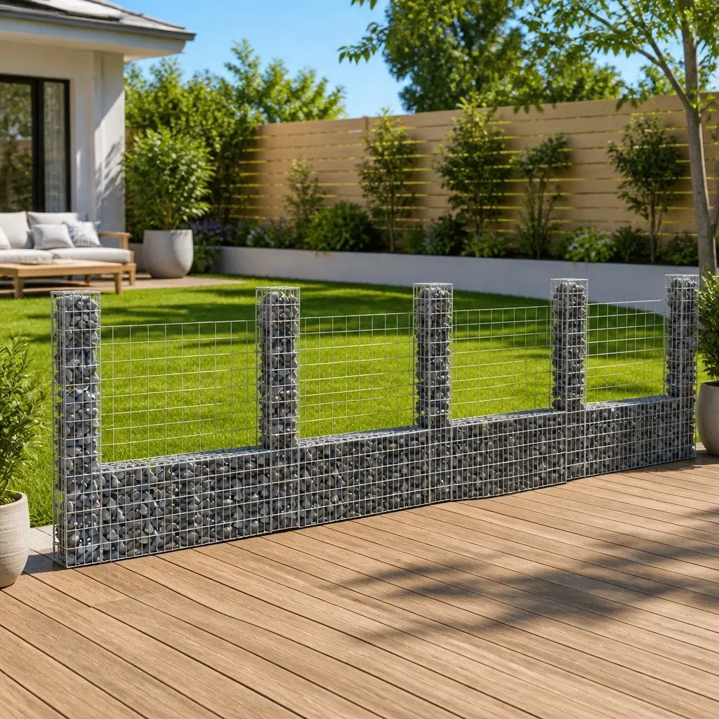 U-Shape Gabion Basket Garden Retaining Wall with 5 Posts Iron Fence Panel 500 x 20 x 150 cm