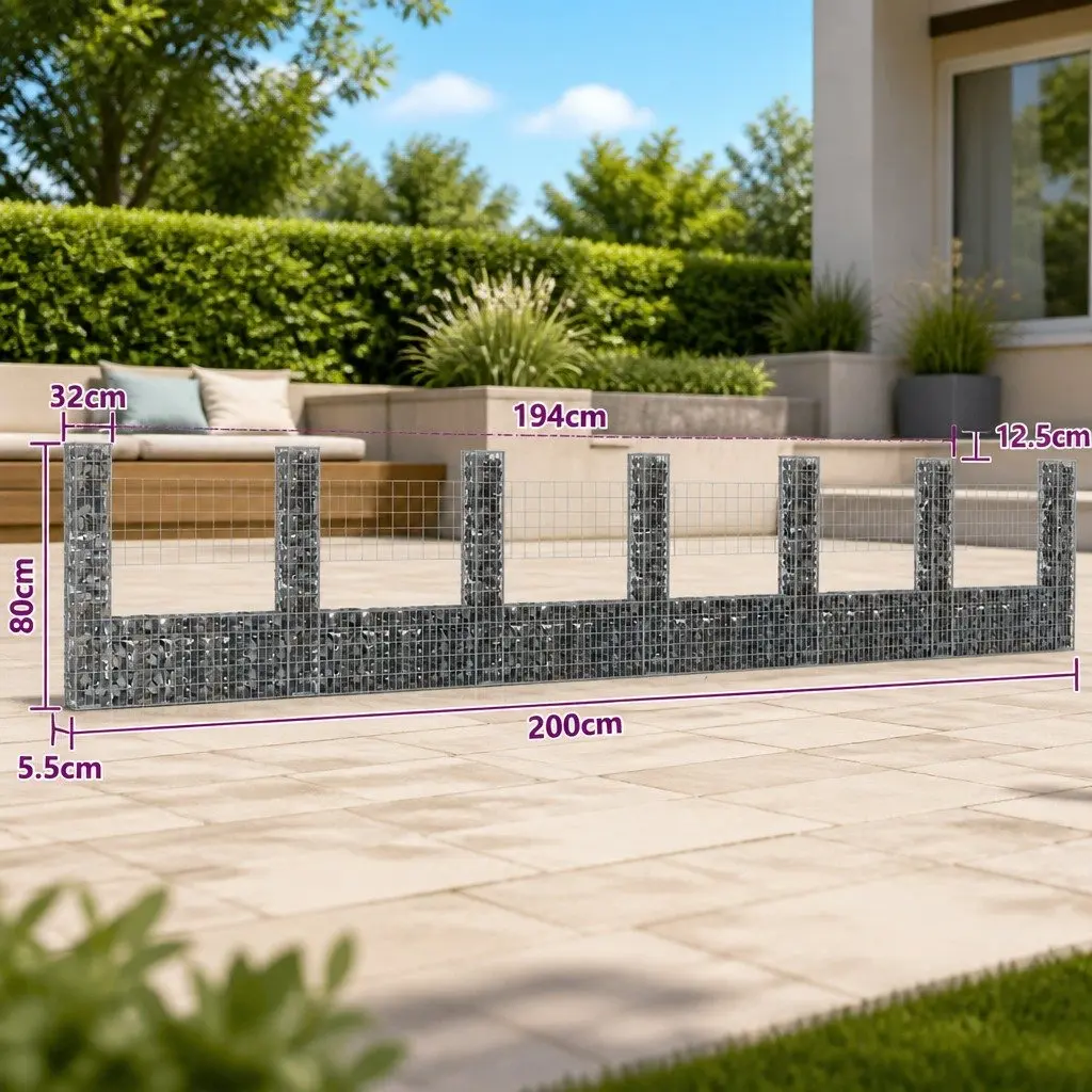 U-Shape Gabion Basket Fence Panel for Garden 740 x 20 x 150 cm