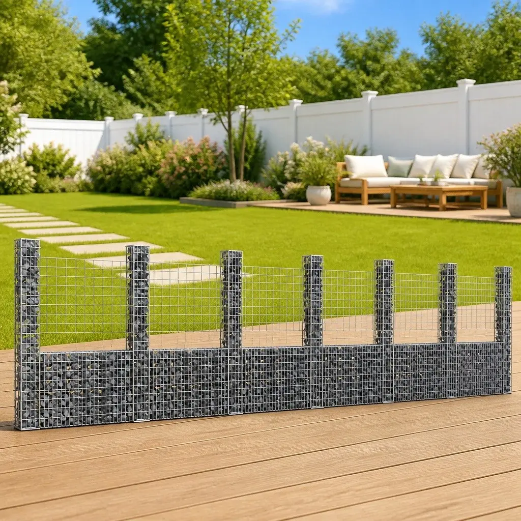 U-Shape Gabion Basket Garden Landscape Retaining Wall Fence Panel with 7 Posts 740 x 20 x 200 cm