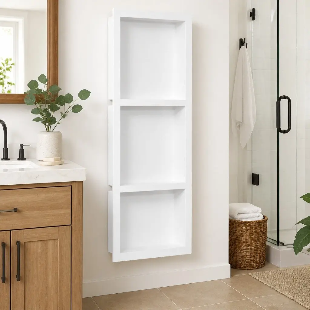 Shower Niche 3 Compartments High Gloss White Bathroom Storage Shelf Wall Mount