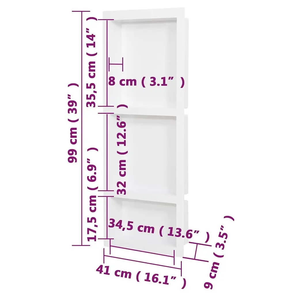 Shower Niche 3 Compartments High Gloss White Bathroom Storage Shelf Wall Mount