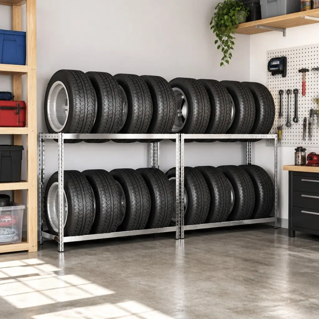 2-Layer Tire Racks Industrial Storage Shelving Steel Frame Garage Organization