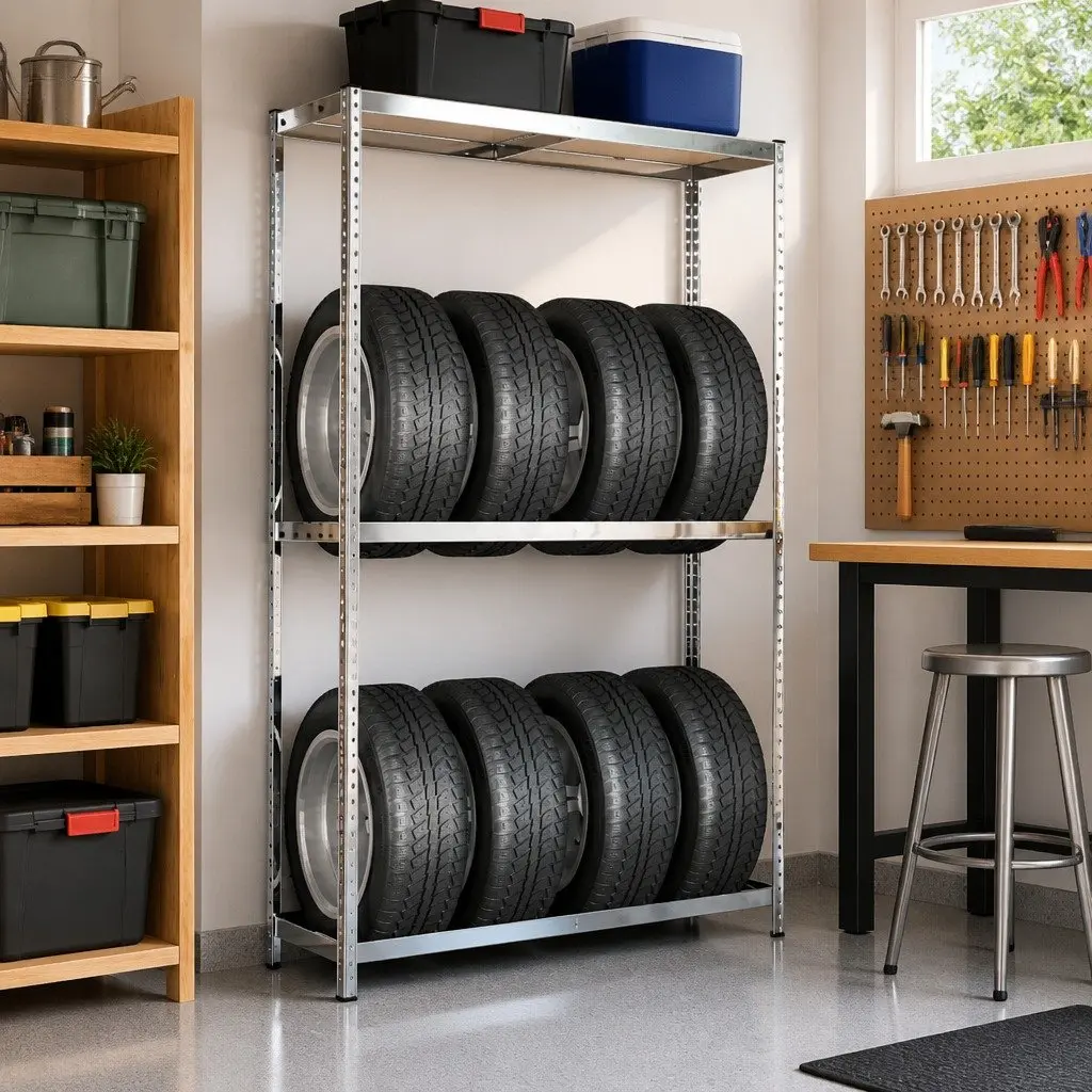 2-Layer Tire Rack Storage Shelf for Garage 110x40x180cm Silver Steel
