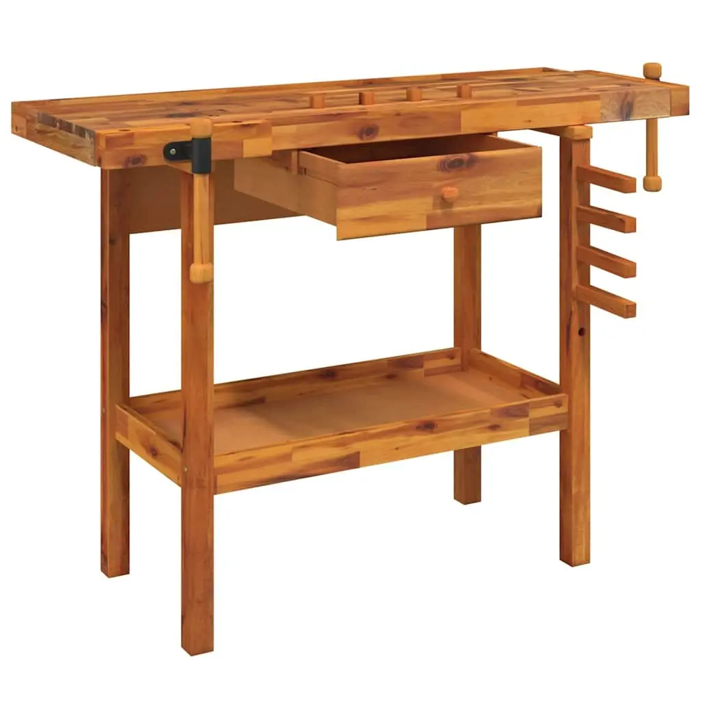 Workbench for garage and workshop 124x52x83cm solid acacia wood with drawer and shelf brown