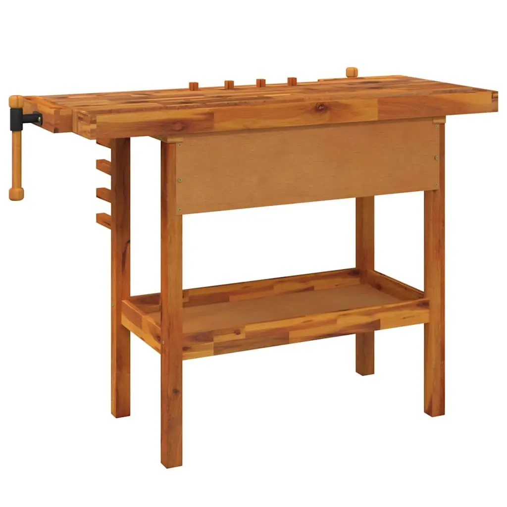 Workbench for garage and workshop 124x52x83cm solid acacia wood with drawer and shelf brown