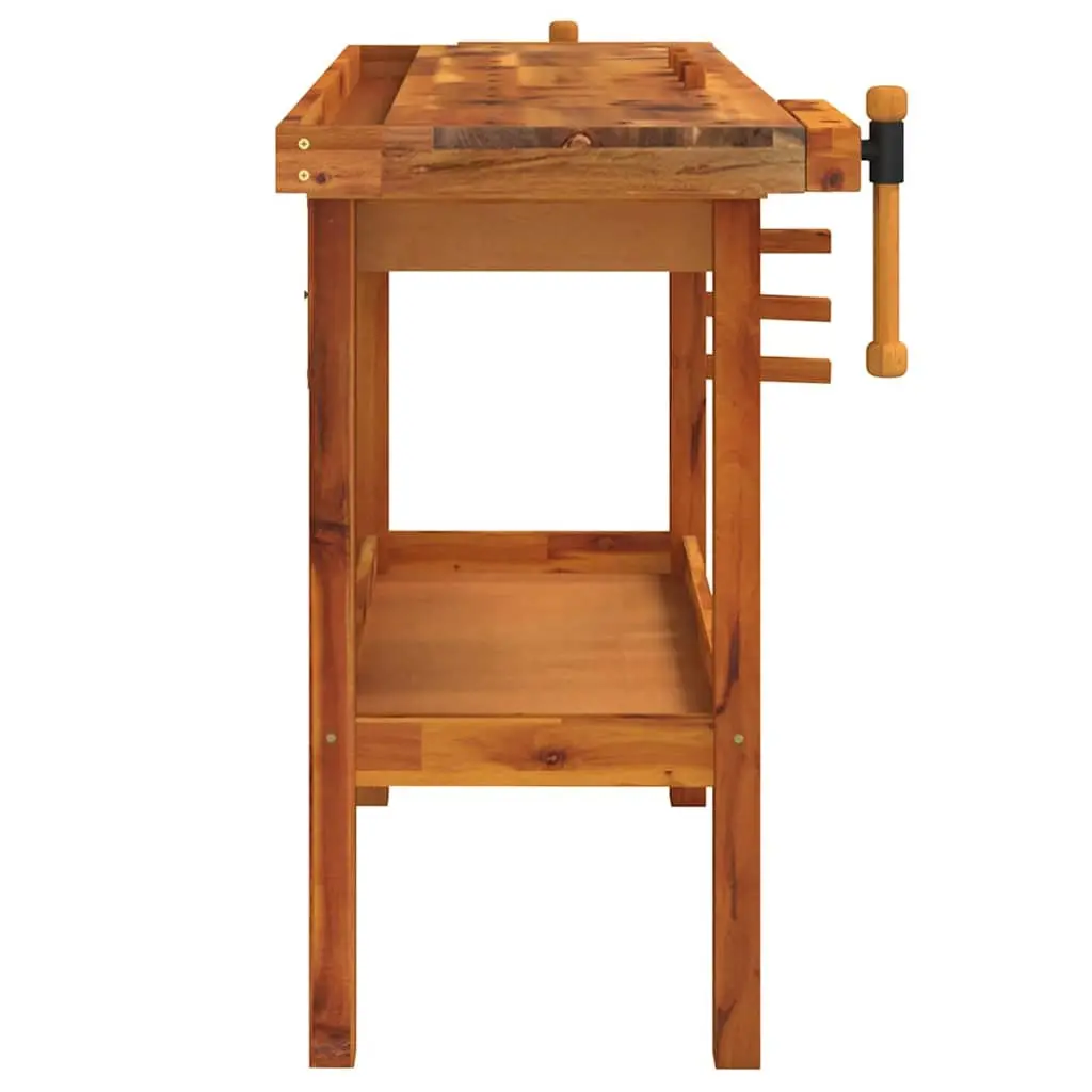 Workbench for garage and workshop 124x52x83cm solid acacia wood with drawer and shelf brown