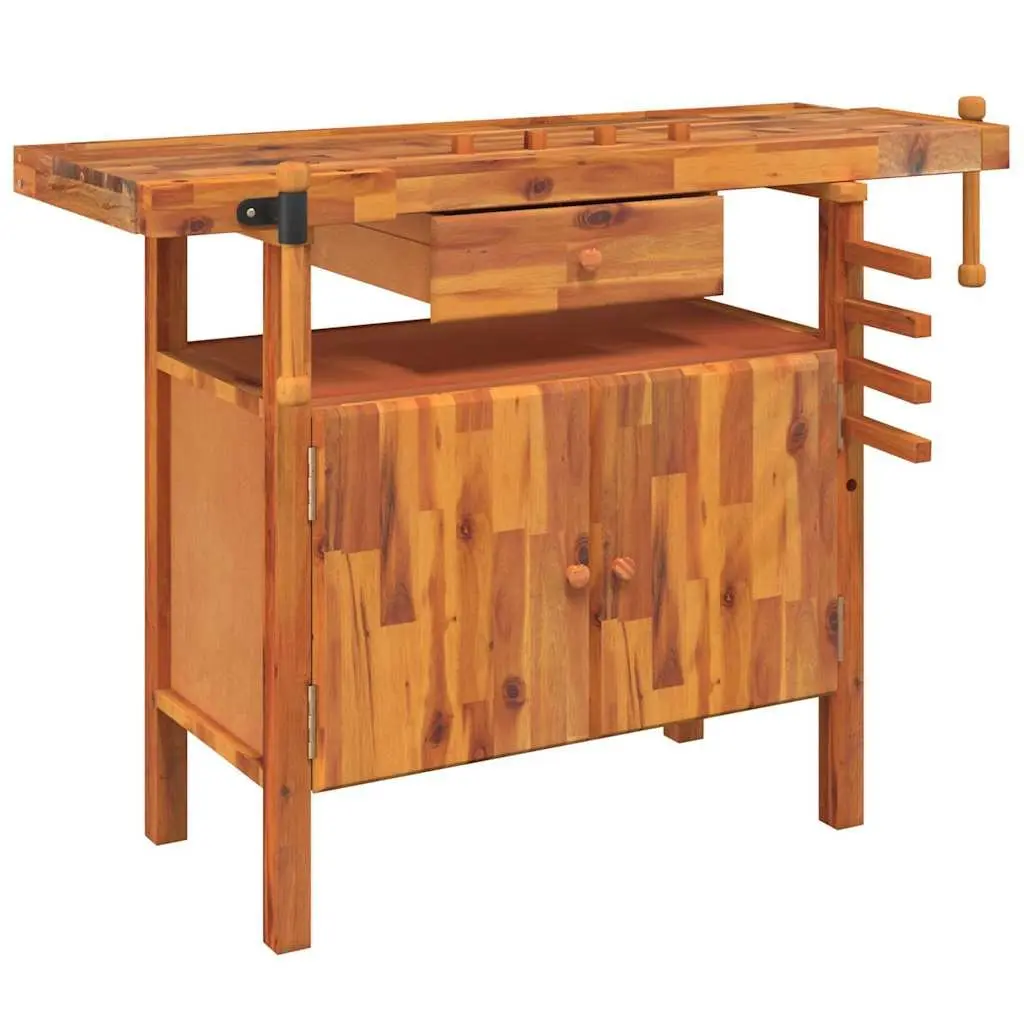 Wooden Workbench with Drawer Storage Compartment Solid Acacia Wood 124x52x83cm