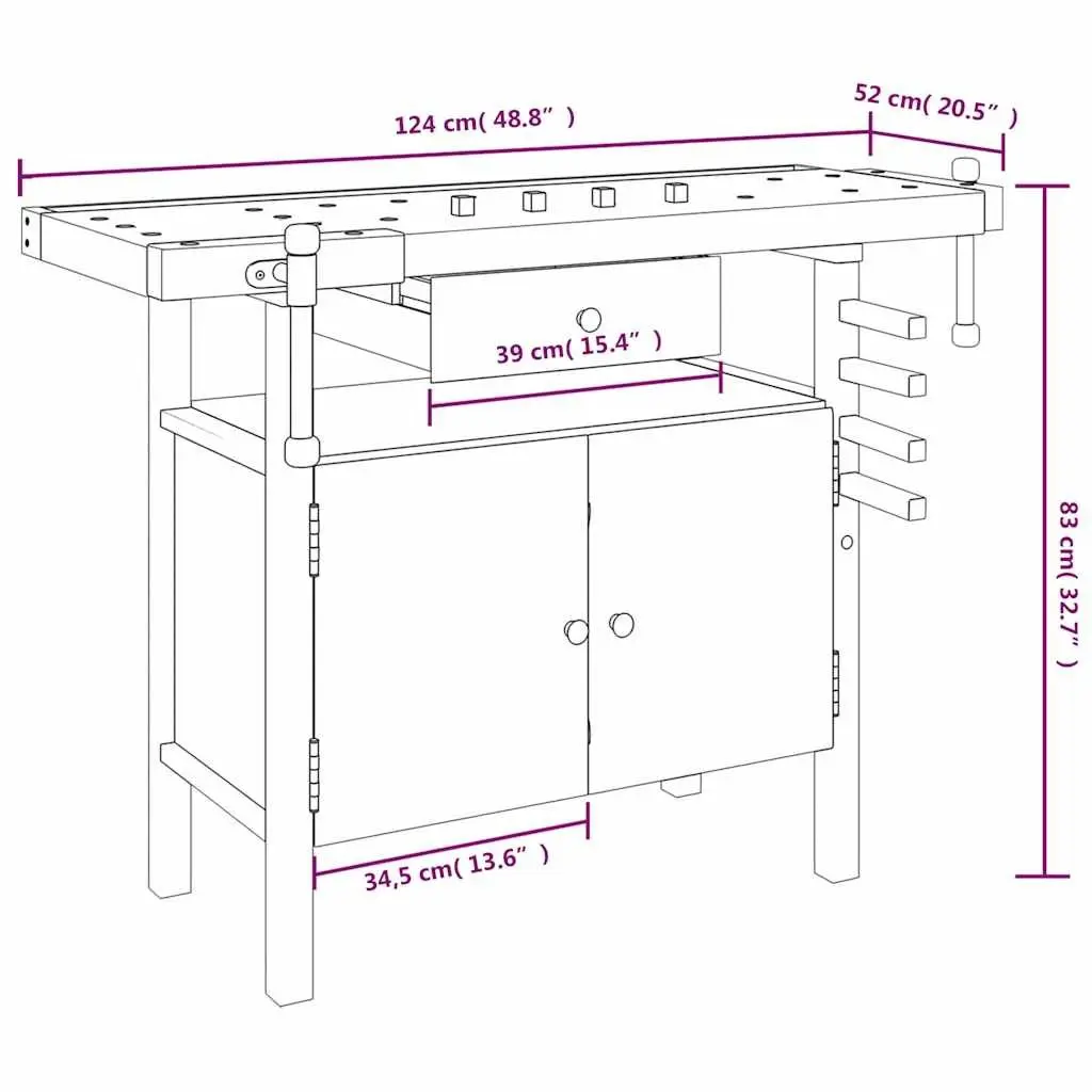 Wooden Workbench with Drawer Storage Compartment Solid Acacia Wood 124x52x83cm