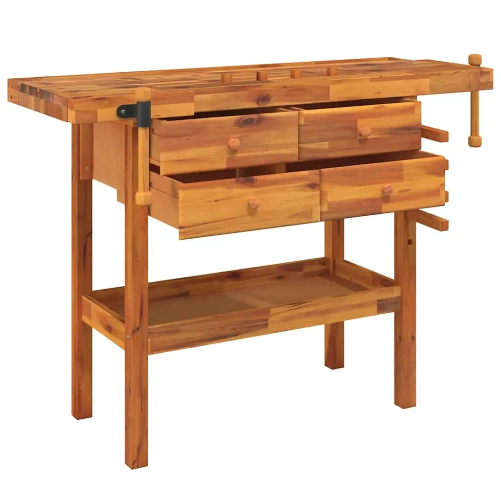 Solid Wood Workbench with Drawers Shelf Vices 124x52x83cm Workshop Storage