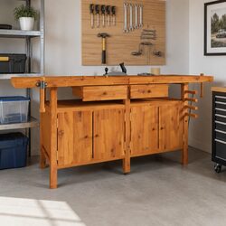 192x62x83 cm Acacia Wood Workbench with Storage and Vices