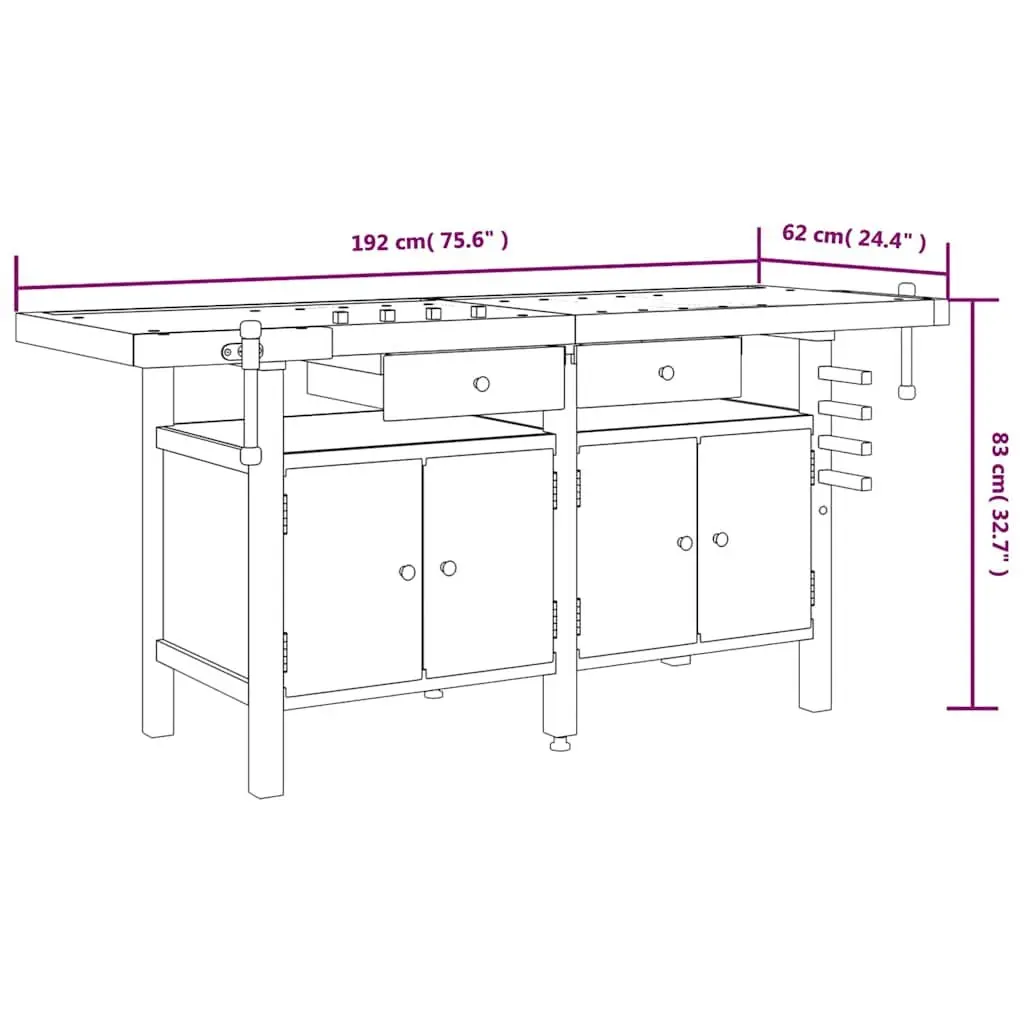 192x62x83 cm Acacia Wood Workbench with Storage and Vices