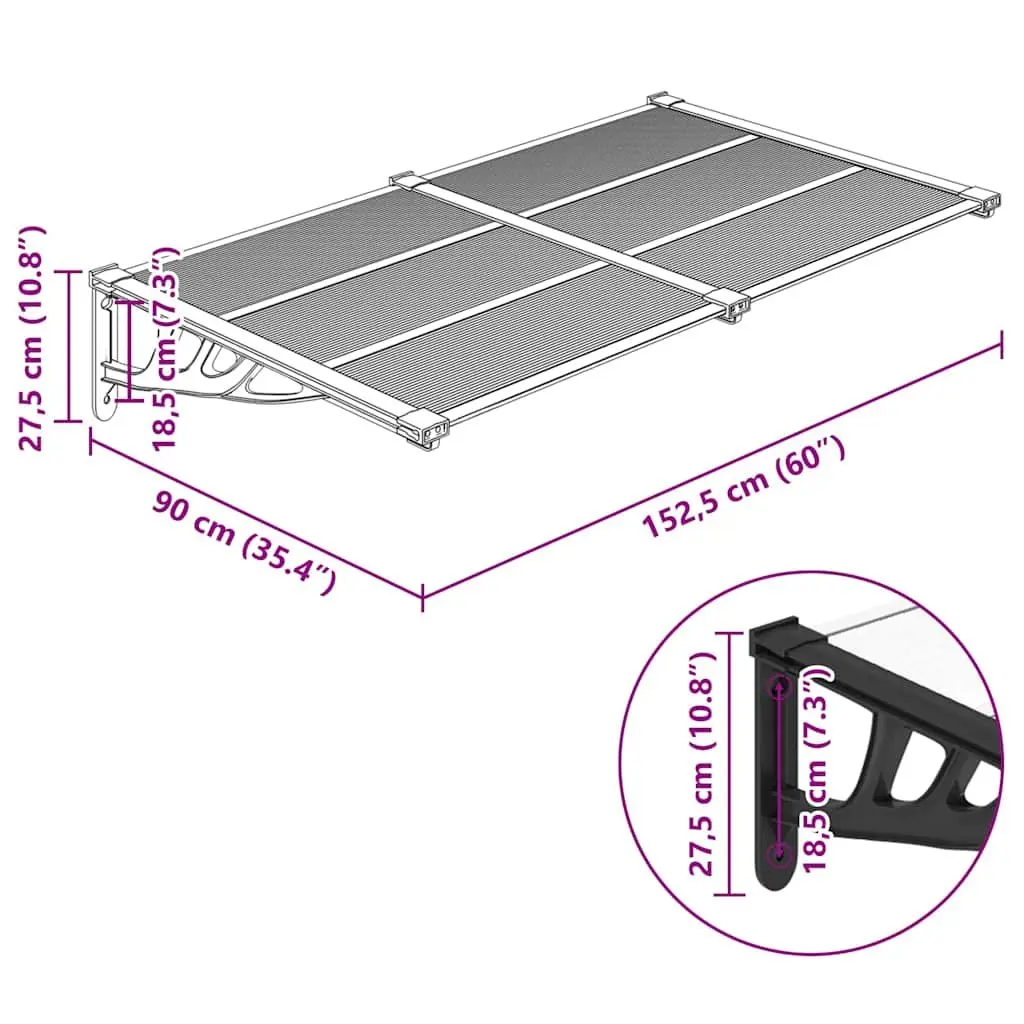 Polycarbonate Door Canopy Awning Black Transparent 152.5x90cm Outdoor Entrance Protection