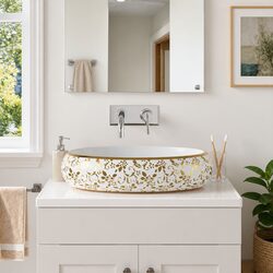 Countertop Basin Oval Ceramic White Gold Bathroom Sink Wash Bowl 59x40x15cm