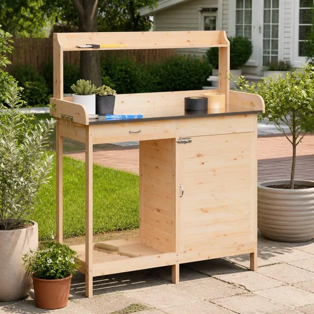 Potting Table with Cabinet Storage Drawer Shelf Brown Solid Wood Plant Stand