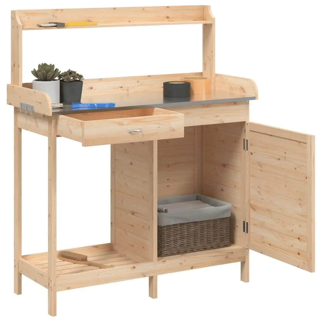 Potting Table with Cabinet Storage Drawer Shelf Brown Solid Wood Plant Stand