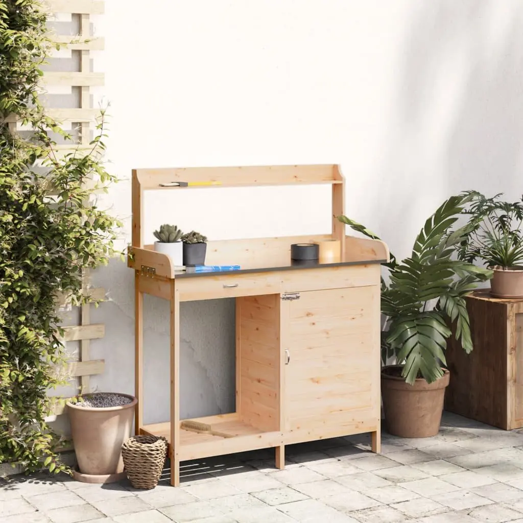 Potting Table with Cabinet Storage Drawer Shelf Brown Solid Wood Plant Stand