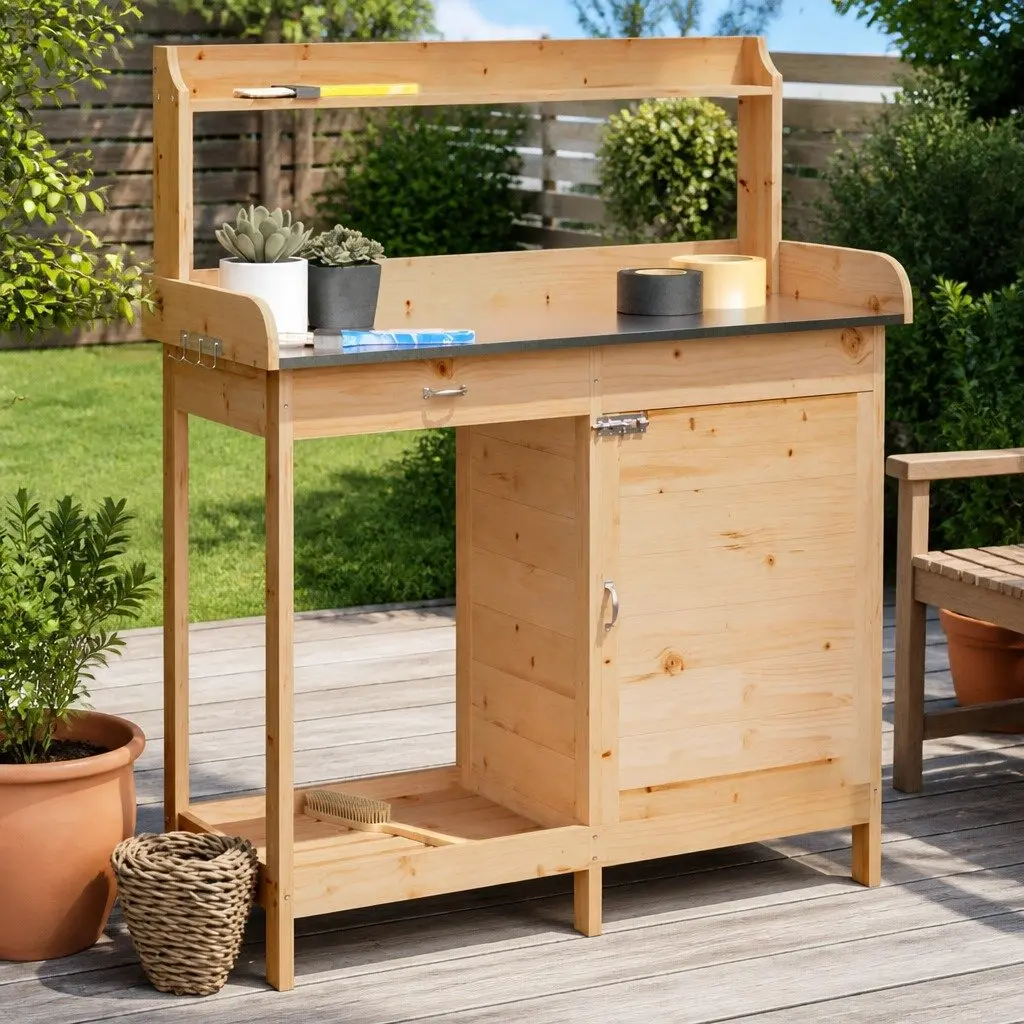 Potting Table with Cabinet Solid Fir 110.5x45x124.5 cm