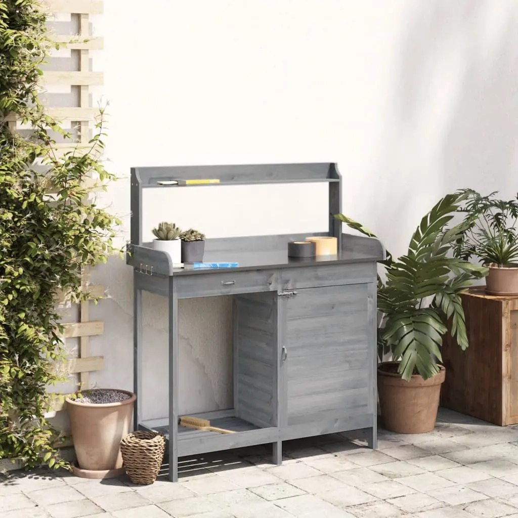 Potting Table with Cabinet Storage Grey 110.5x45x124.5 cm Solid Fir Wood Plant