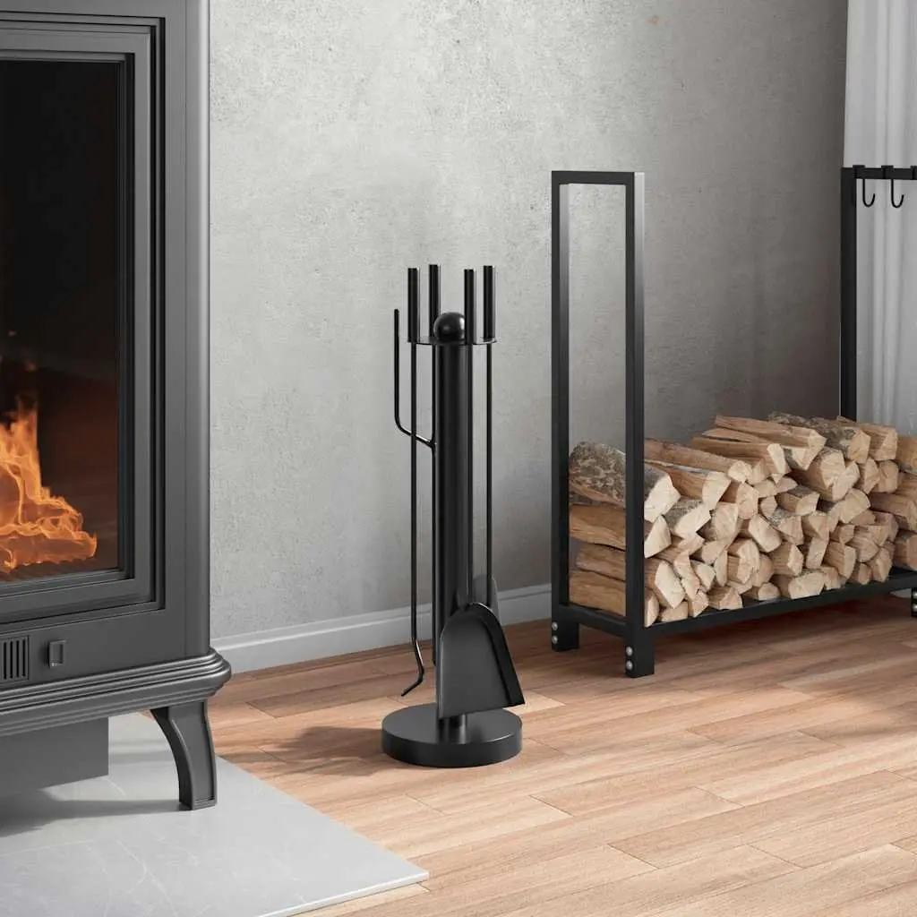 5 Piece Fireplace Tool Set Black Steel Poker Shovel Broom Brush Rack Stand