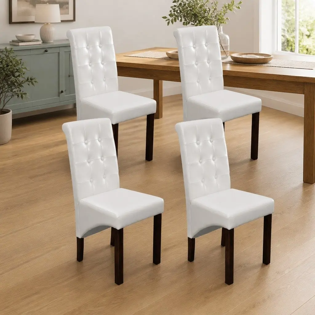 Dining Chairs Set of 4 Kitchen White Faux Leather Ergonomic Padded Backrest