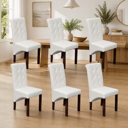 White Faux Leather Dining Chairs Set of 6 with Wood Legs