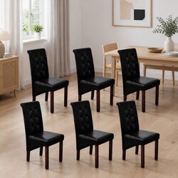 Dining Chair Set of 6 - Black Faux Leather with Wood Legs