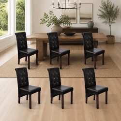 Dining Chairs Set of 6: Brown Synthetic Leather, Wood Legs