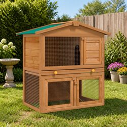 Rabbit Hutch Small Animal House Pet Cage 3 Doors Wood Brown Outdoor Enclosure