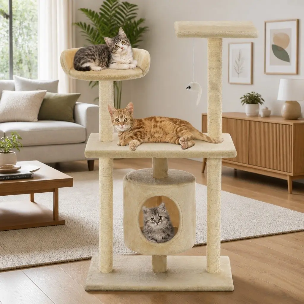 95cm Beige Cat Tree with Sisal Posts and Plush Frame