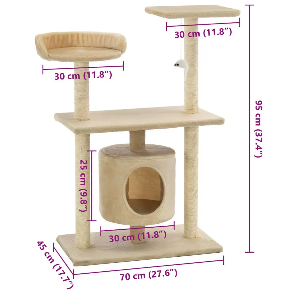 95cm Beige Cat Tree with Sisal Posts and Plush Frame