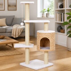 Cat Tree Scratching Post Sisal Rope Perch Climb House Platform Brown Compact