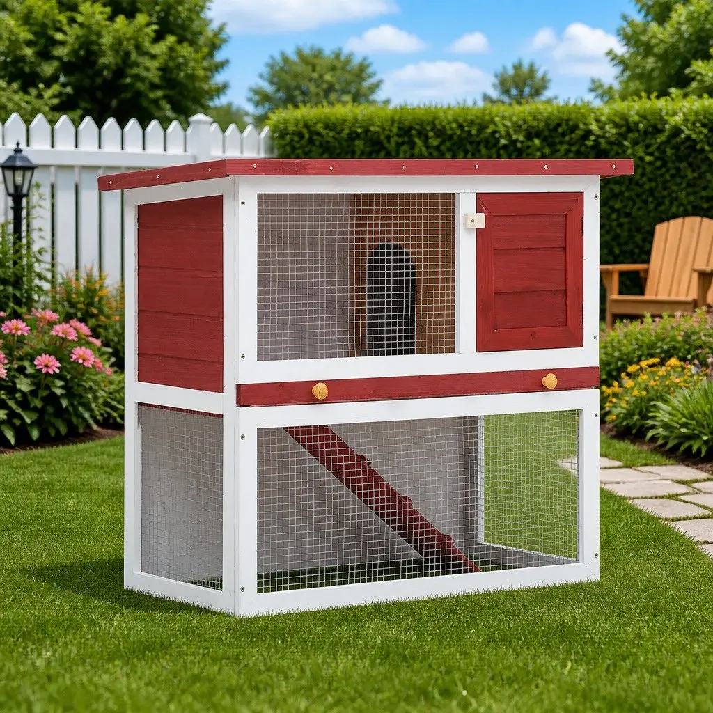 Wood Rabbit Hutch Outdoor Cage Small Animal Enclosure with Ramp Red