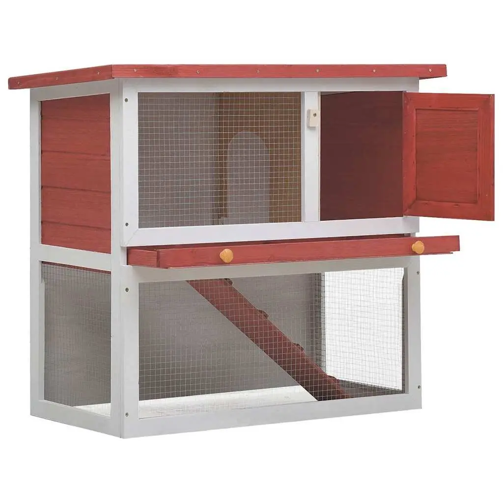 Wood Rabbit Hutch Outdoor Cage Small Animal Enclosure with Ramp Red