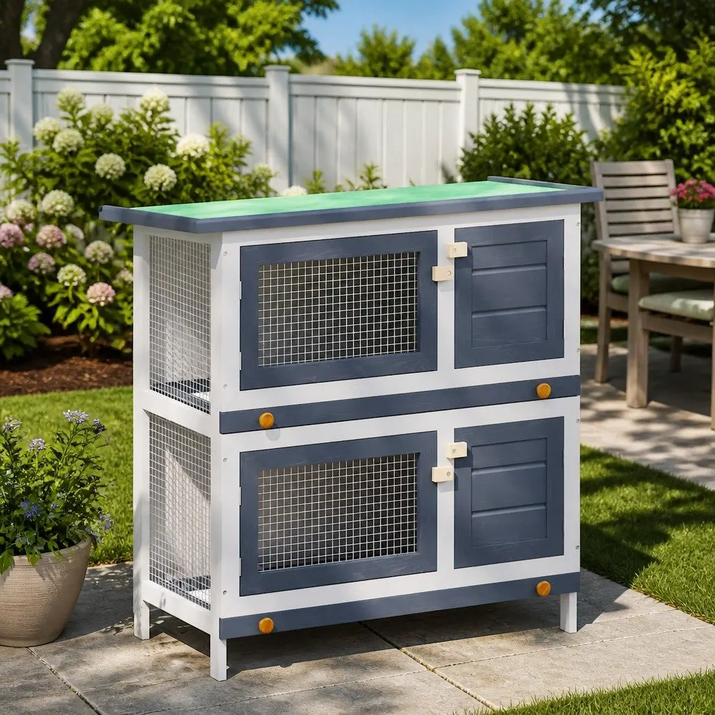 Rabbit Hutch Outdoor Small Animal Cage 2 Layer with 4 Doors and Wooden Frame