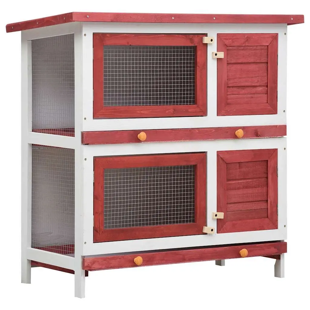 Rabbit Hutch Outdoor 2 Layer Red Wood Small Animal Cage 4 Doors
