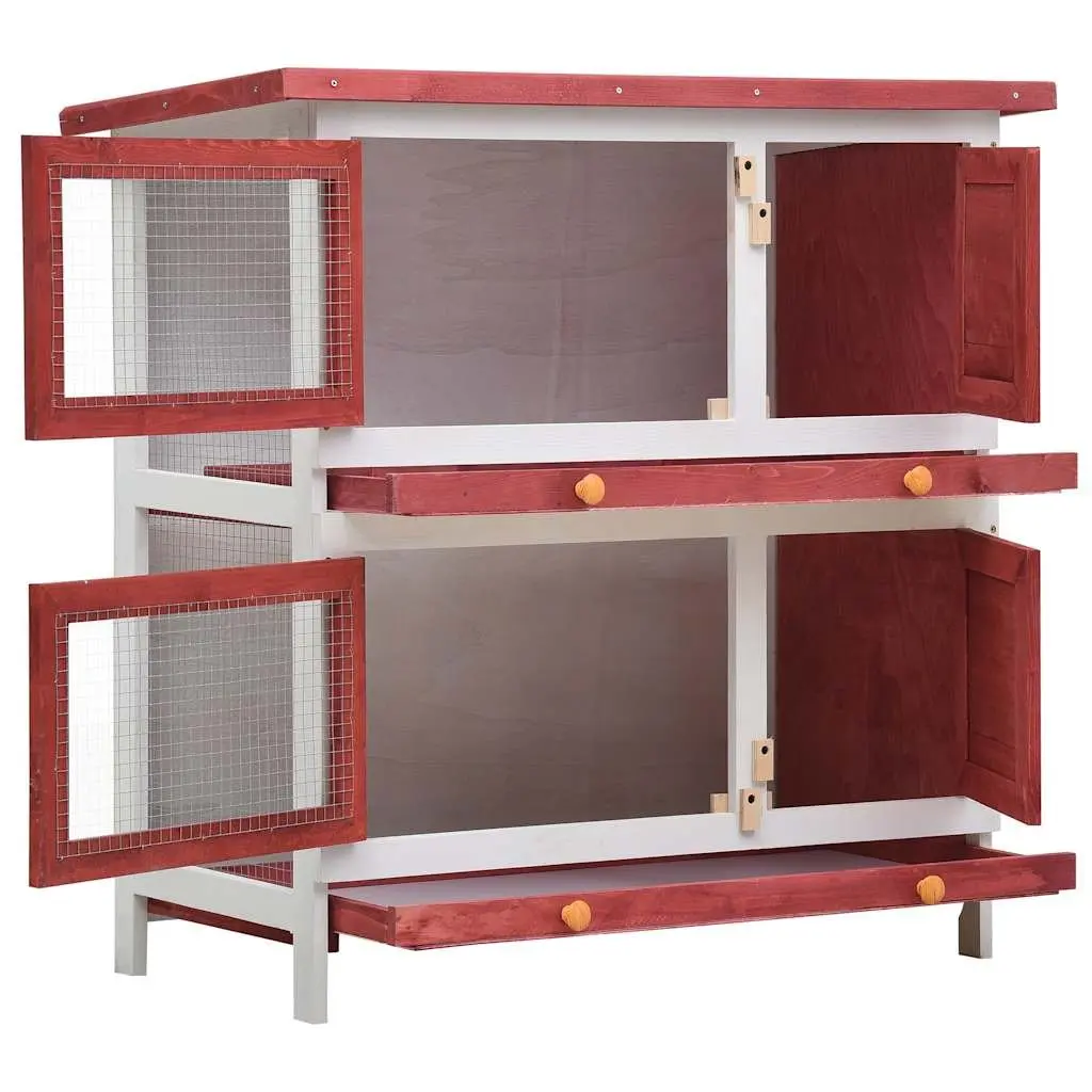 Rabbit Hutch Outdoor 2 Layer Red Wood Small Animal Cage 4 Doors