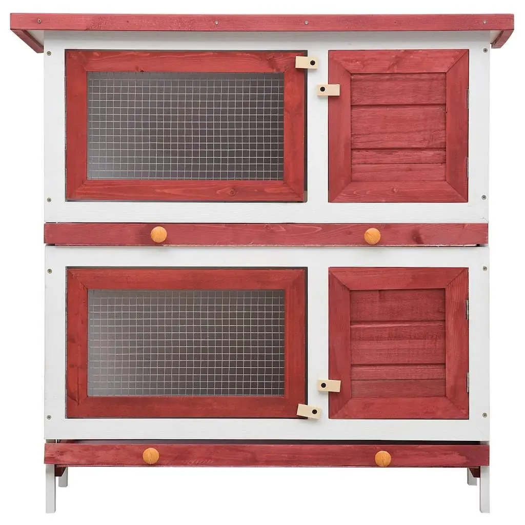 Rabbit Hutch Outdoor 2 Layer Red Wood Small Animal Cage 4 Doors