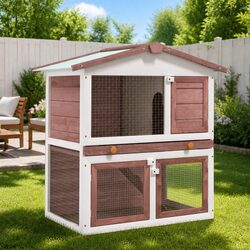 Outdoor Rabbit Hutch 3 Doors Brown Wood 2 Layer Small Animal Cage Exercise